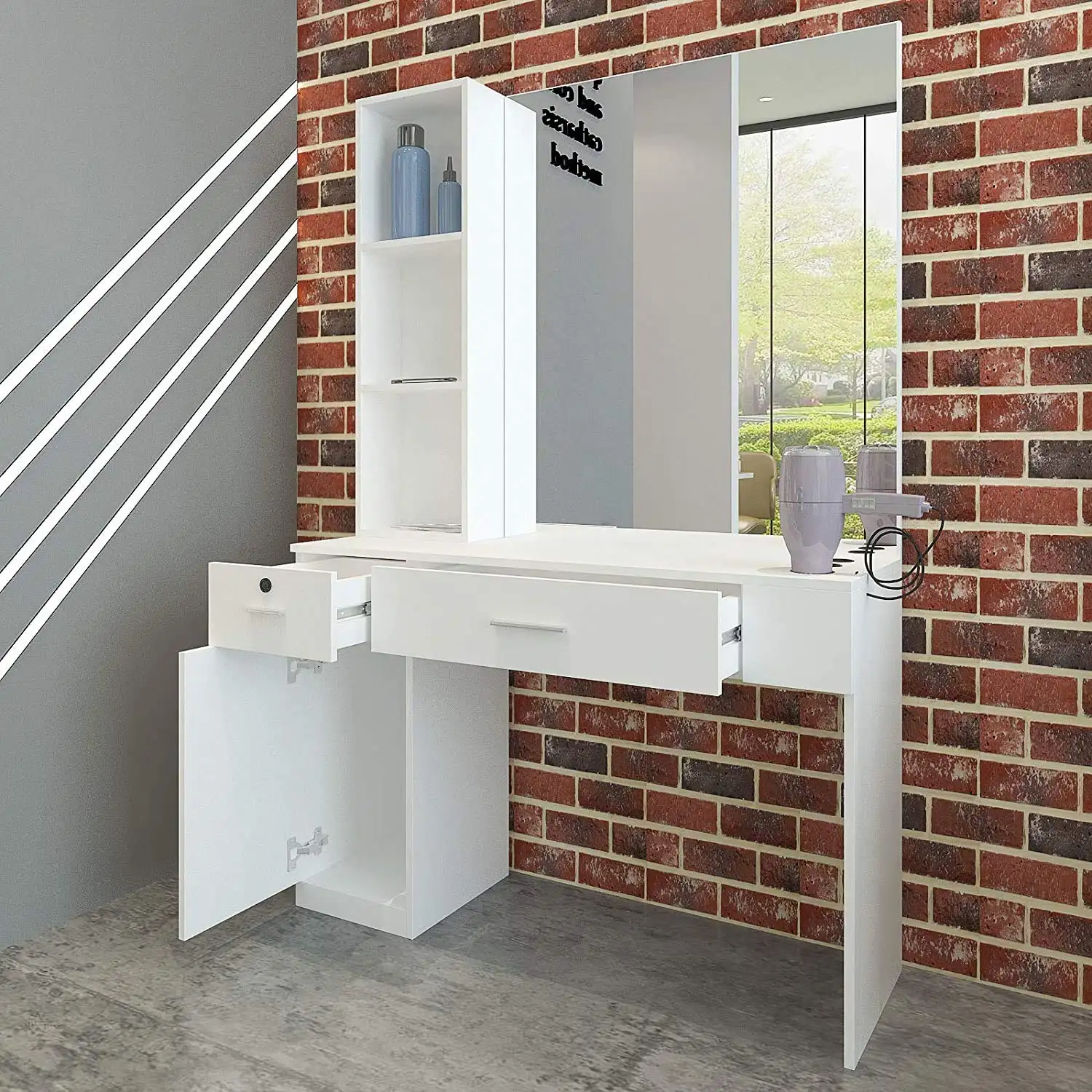 Wall Mount Portable Barber Station Hair Styling Mirror Station with Drawer Salon Furniture Station Barbers