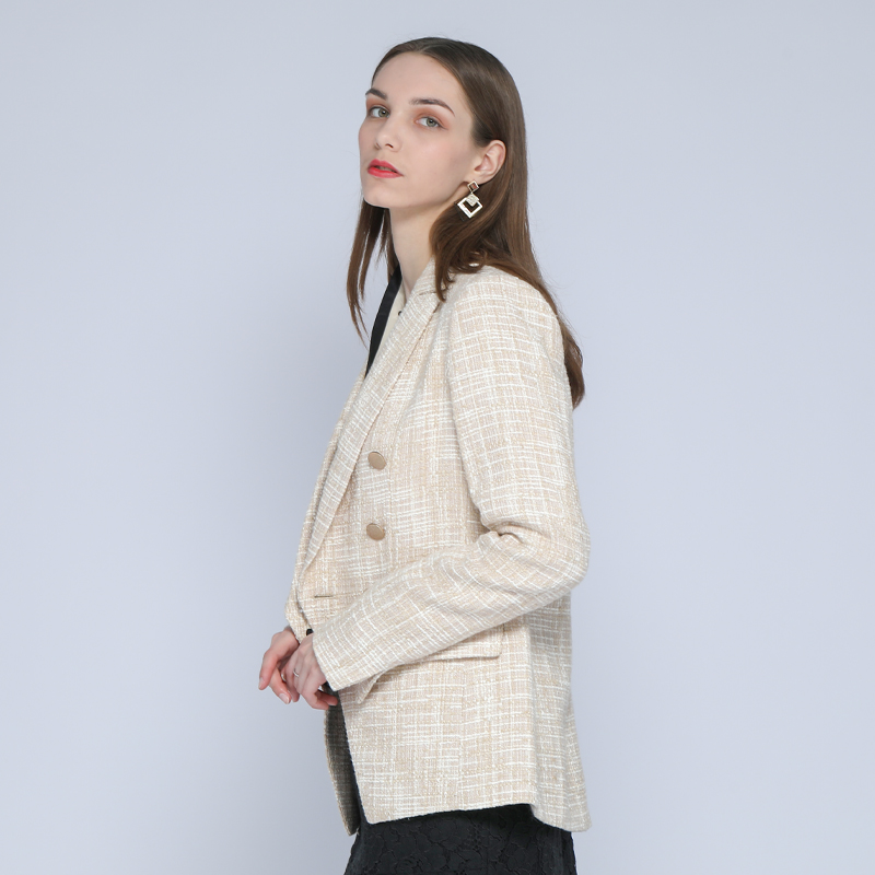 Huiquan high quality best price double breasted tweed jacket for female casual lady tweed blazer