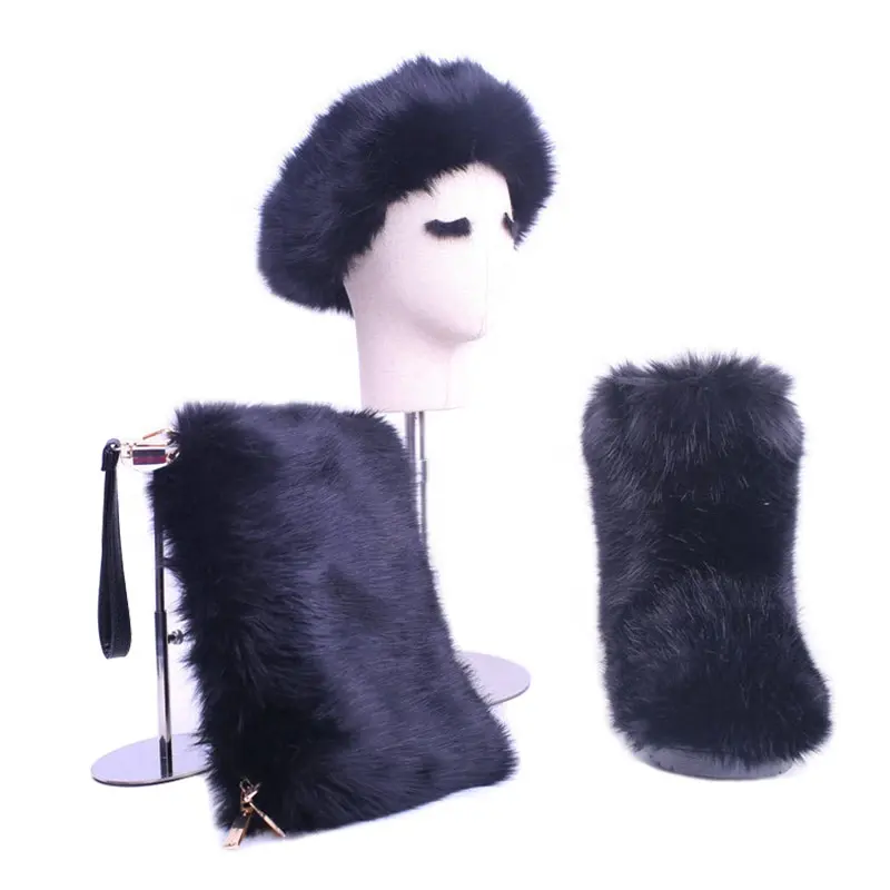 Snow fashionable furry winter warm boots for women real faux fur women's purse headband and boots