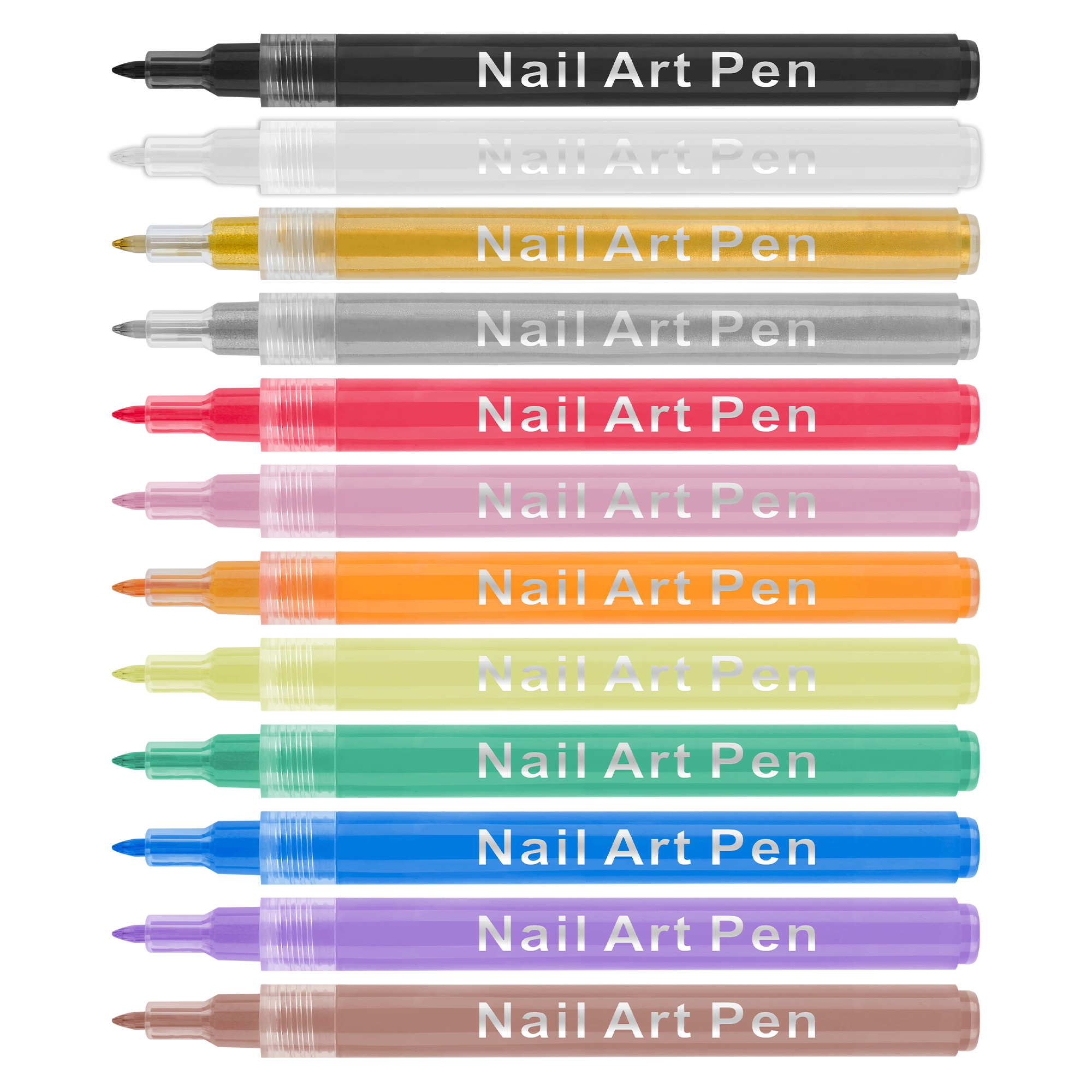 Set of 12 Waterproof Nail Art Pens Quick Dry Acrylic Nail Painting Pen with Soft Bristles Liner Brush for Nail Design & Beauty