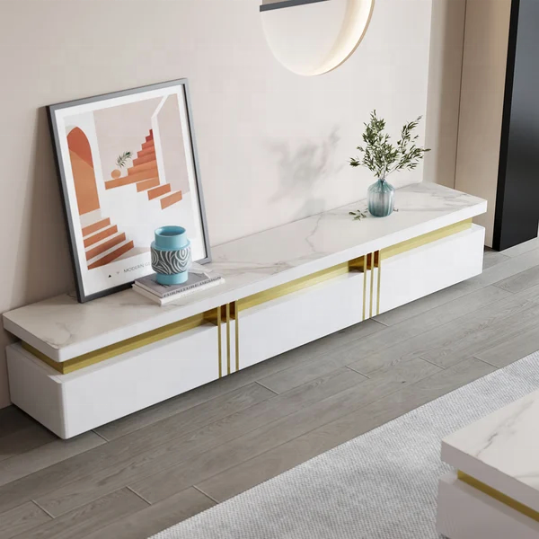 NOVA White Muebles TV Stand With Sintered Stone Tabletop Entertainment Center Media Console Storage Cabinet For Living Room
