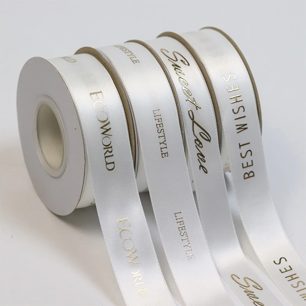 China lude own brand name printed raised gold foil printing white satin ribbon with logo