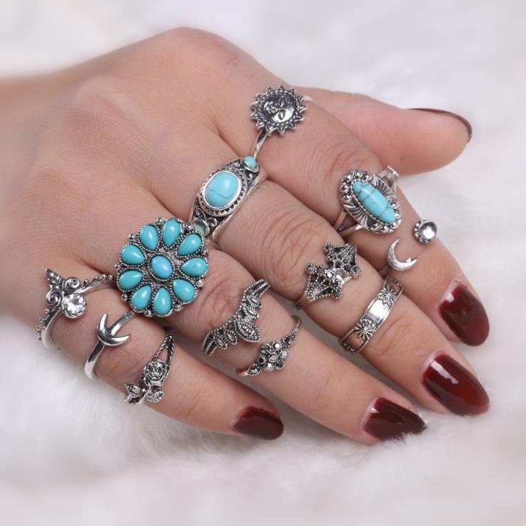 Alloy Retro Carved Turquoise Ring Sun Moon Joint Gem Ring Set Women Fashion Boho Style Ring Set