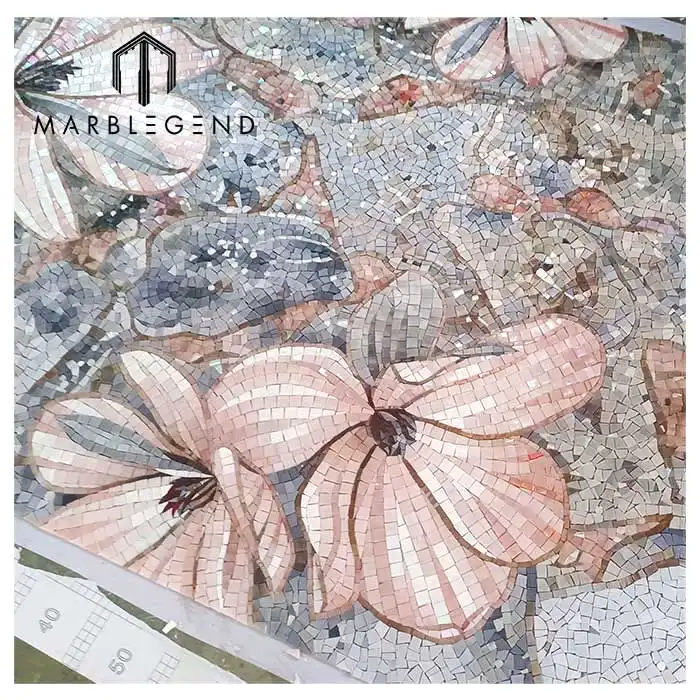 Glass Mosaic Tile Pink Flower Mural Art Marble Mosaic Bedroom Background Wall Customized Glass Mosaic Tiles