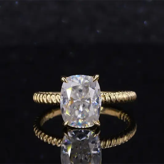 10K yellow gold cushion crushed ice moissanite ring with twist band