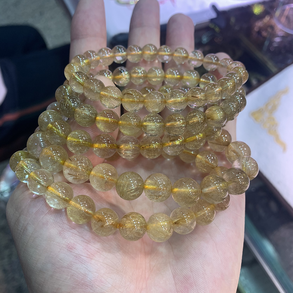 High quality Yellow crystal Natural Golden color hair quartz 7-10mm gemstone bead stretch bracelets