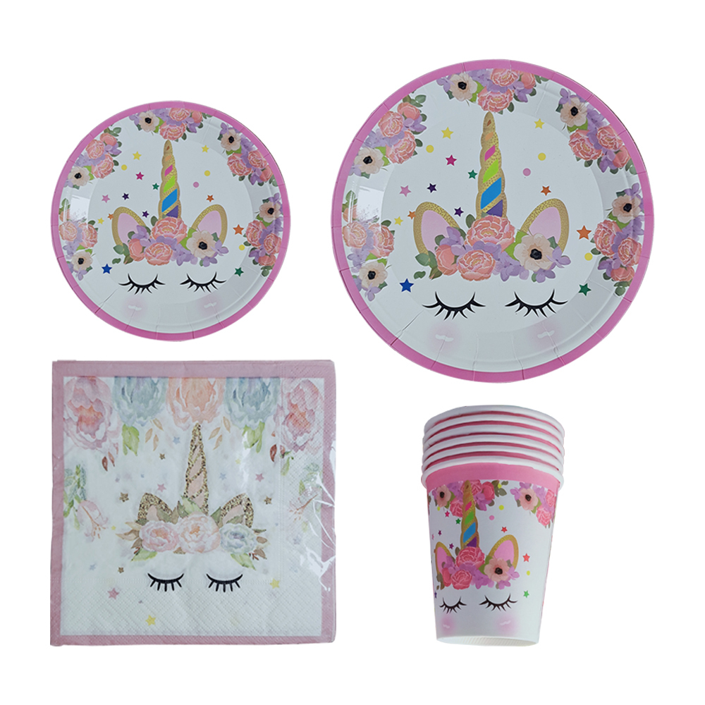 Magical Unicorn Party decorations Supplies Serve Happy Birthday Banner Hats Plates Table Cloth