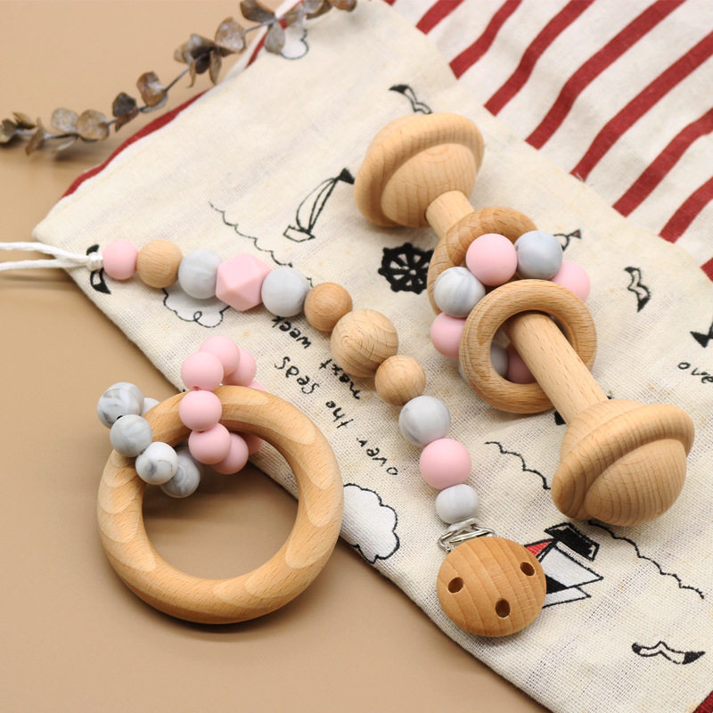 Untreated Organic Beech Wooden Grasping Montessori Style Nursing Toys Baby Teething Rattle for Toddlers