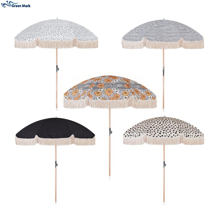 Wholesale Australia New Zealand Luxury Vintage Boho Wooden Pole Canvas Fringed Sun Outdoor Parasols Beach Umbrellas With Tassels
