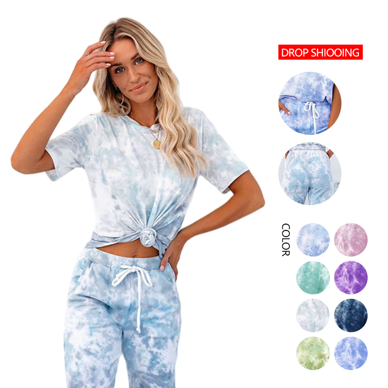 Fall 2021 O-Neck Outfit Sleepwear Tie Dye Print Pajamas Homewear Oversized Hoodie Long Sleeve Sweatshirt casual Cotton Tracksuit