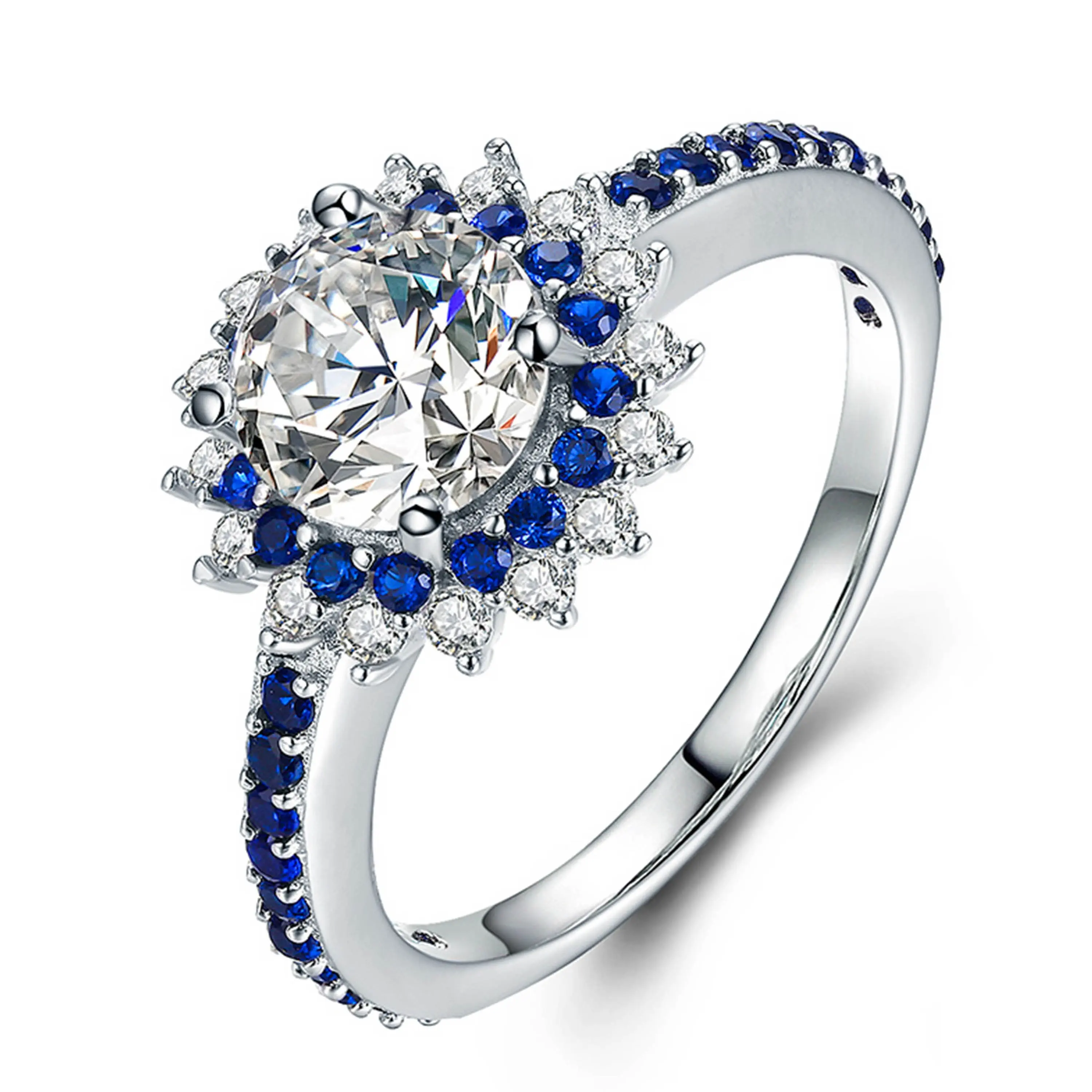 Vinci Fashion Jewelry 925 Sterling Silver Round Shape White Zircon With Blue Zircon Ring