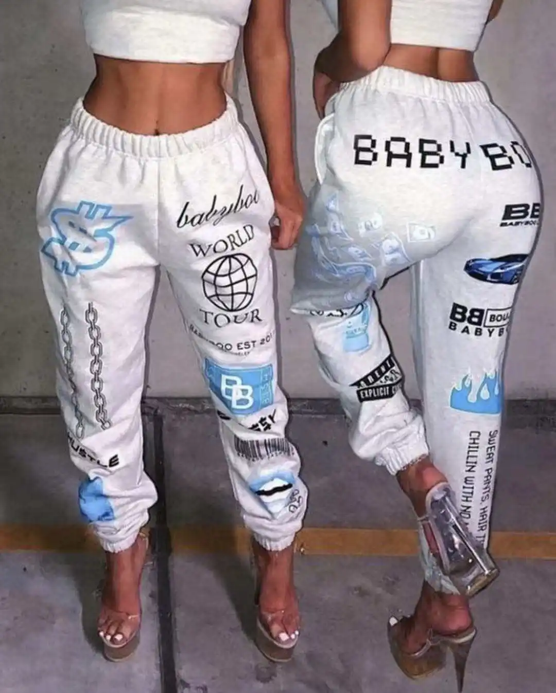 2021 new arrivals chic design fashion graphic joggers women high waist drawstring long pants with graffiti streetwear
