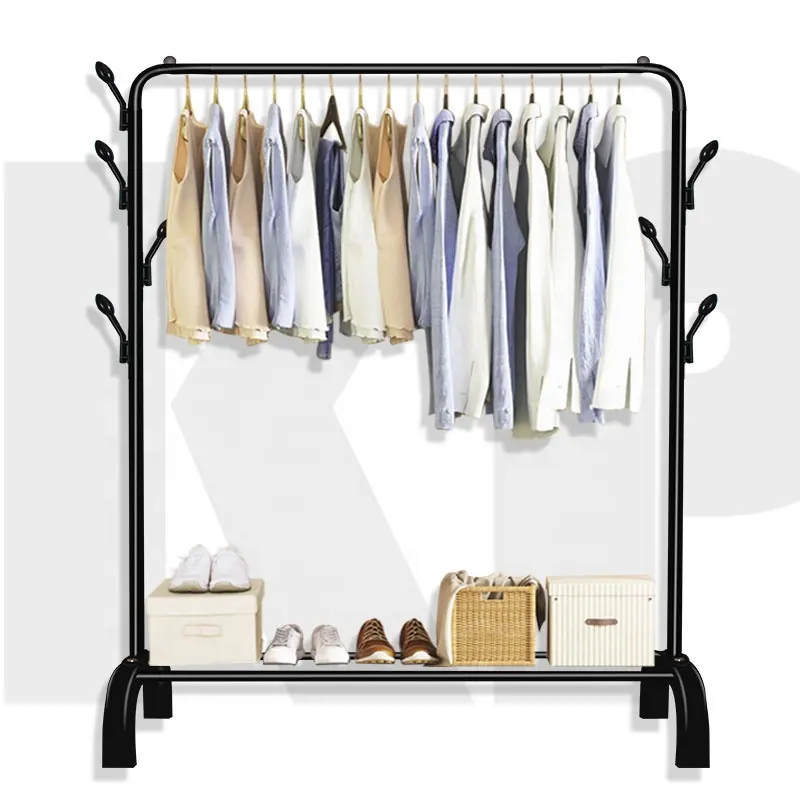 Simple All-Metal Free Standing Clothing Garment Rack with Top Rod And Lower Storage Shelf For Boxes Shoes Boots