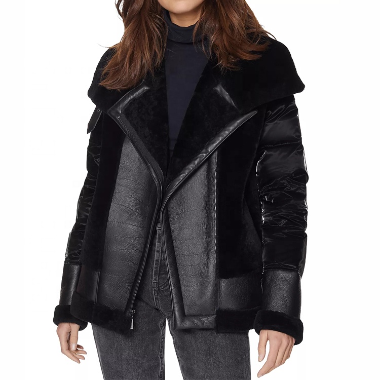 Custom Winter Outdoor Black Splice Faux Leather Sherpa Women Oversized Puffer Jacket