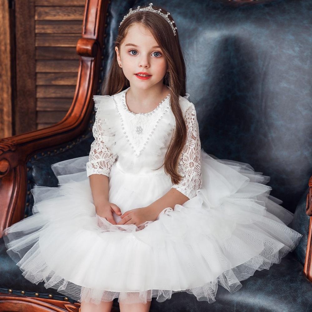 Elegant Ball Gown Flower Girls Dresses Sheer Neck Long Sleeves Applique Lace Tulle Children Party Gowns