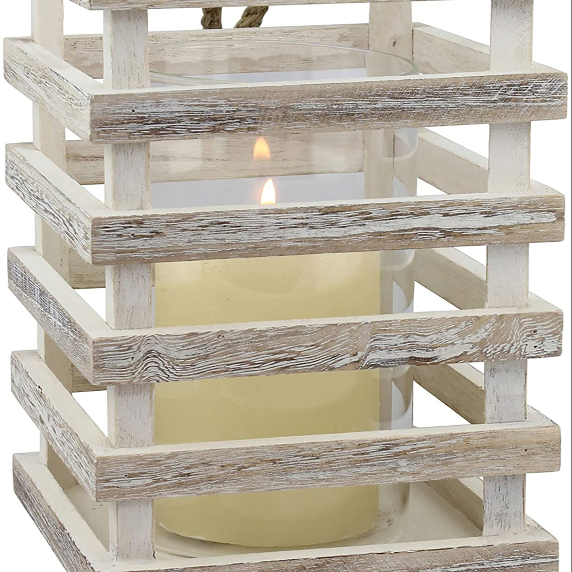 White Wooden Beach House Candle Lantern with Rope Handle and Removable Glass Cylinder Hurricane