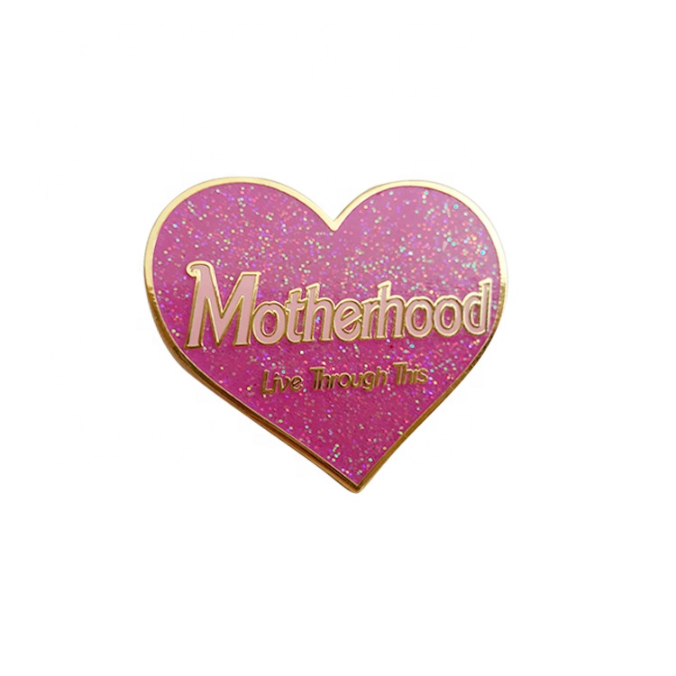 Glitter Pink Mother's Pin Gold Plating Custom Making Heart Shape Souvenir Enamel Badges Free Metal Lapel Pin Button Badges