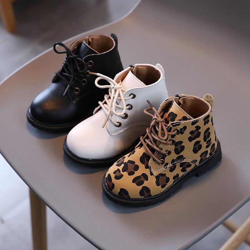 Girls boys autumn winter Classic Martin boots Toddler leopard boots 2021 new children's PU Leather Lace up boots