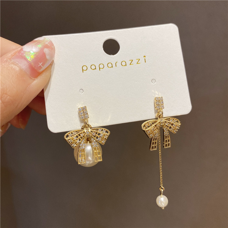 Jewelry 925 silver needle Korean fashion new asymmetric pearl inlaid diamond Bow Earrings long earrings