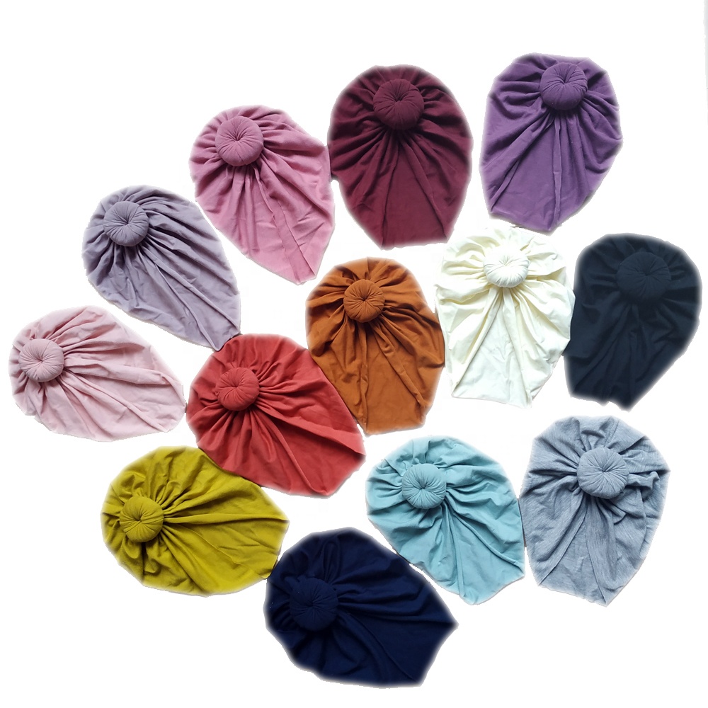 stretchy cotton baby knotted turban hat with bun in custom size and color