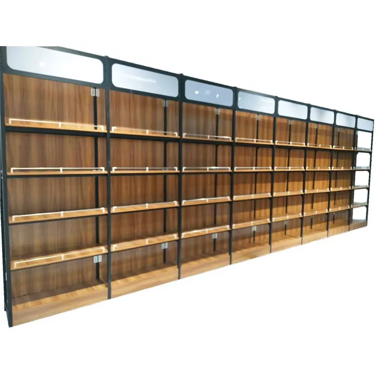 Cheap design supermarket wooden metal steel shelf rack for shop and market