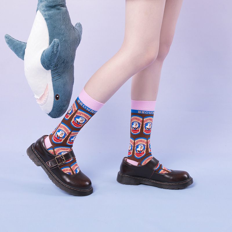 Autumn and winter new products thickened illustration lattice lolita socks cute cartoon pure cotton Japanese women's socks