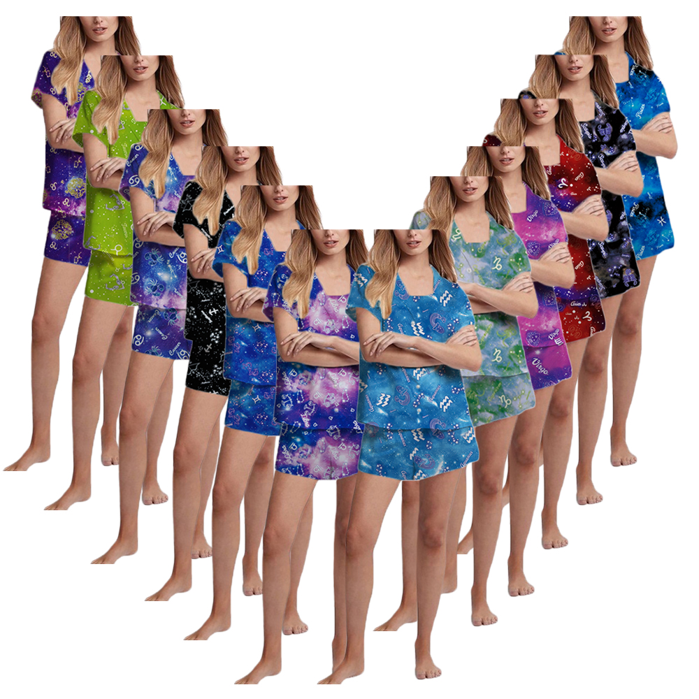 Zodiac Nightgown woman night sexy sleepwear ladies stain silk sling top and short sleeves and shorts bath robe for women