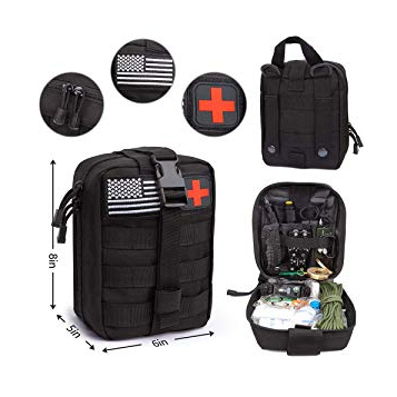eco friendly military tactical first aid kit with medical supplies, survival set with self defense weapons, etc.