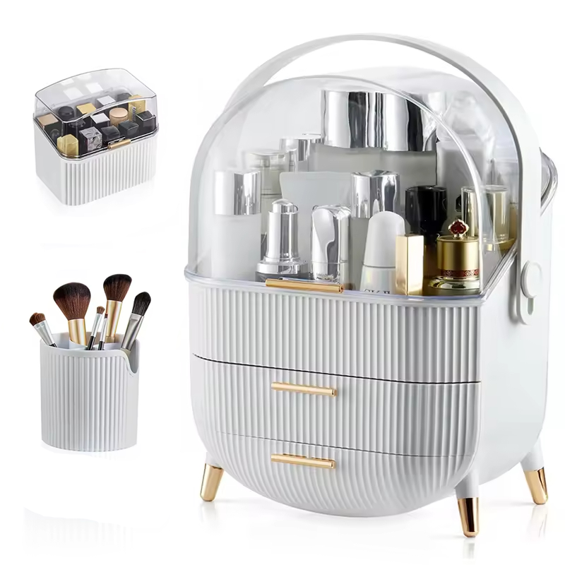 Choice Fun 2-Drawer Makeup Organizer Brush Holder Lipstick Rack Clear Cover Cosmetic Storage Display Case Bathroom Storage Box