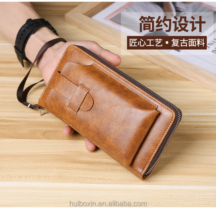 Wholesale New Retro Multi Function high-capacity Zipper Phone Leather Bag Boys Leather Men's Wallet With Removable Coin Purse st