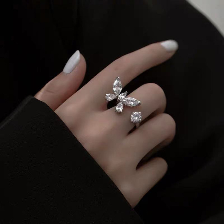 JOINER 2021 fashion cubic zircon bling jewelry silver plated butterfly open ring for women