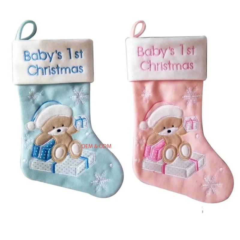 Popular Custom Logo Cute Pink Blue Bear Pattern Baby's 1st Embroidery Christmas Stocking For Baby Kids Birthday