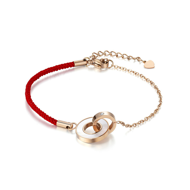 Jewelry Titanium Steel Elegant Square Diamond Double Ring Red Rope Rose Gold Bracelet For Gift Bracelet