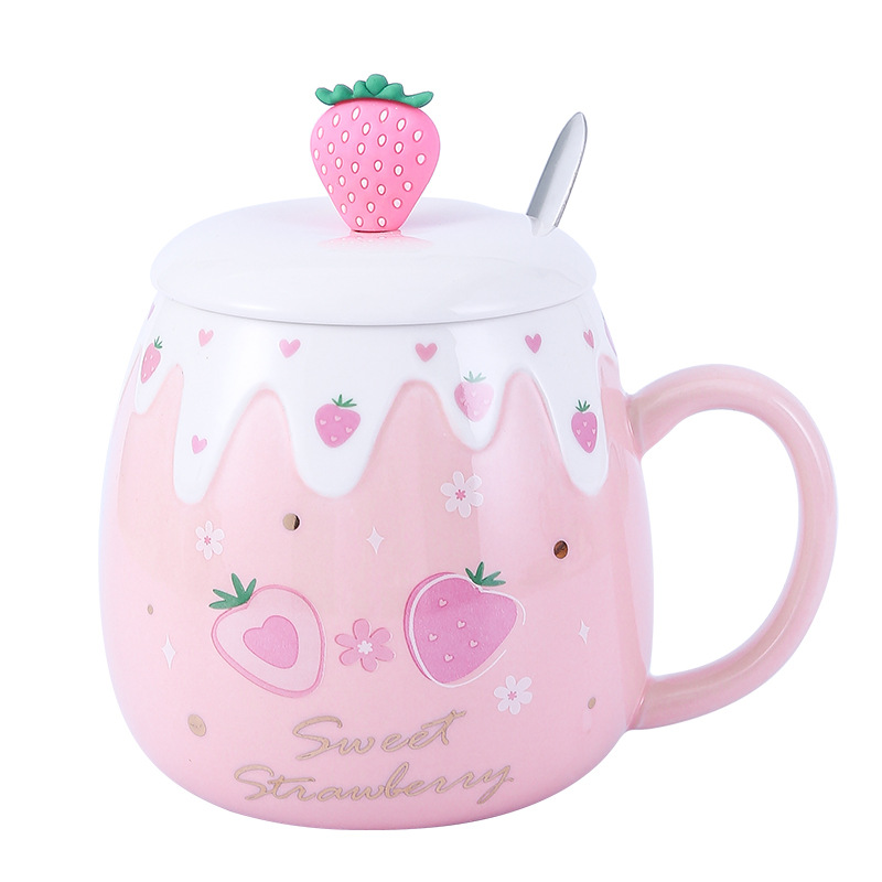 Cute Strawberry Fruit Embossed Ceramic Mug with Lid Spoon Milk Cup Large Capacity Coffee Mug Porcelain Mug