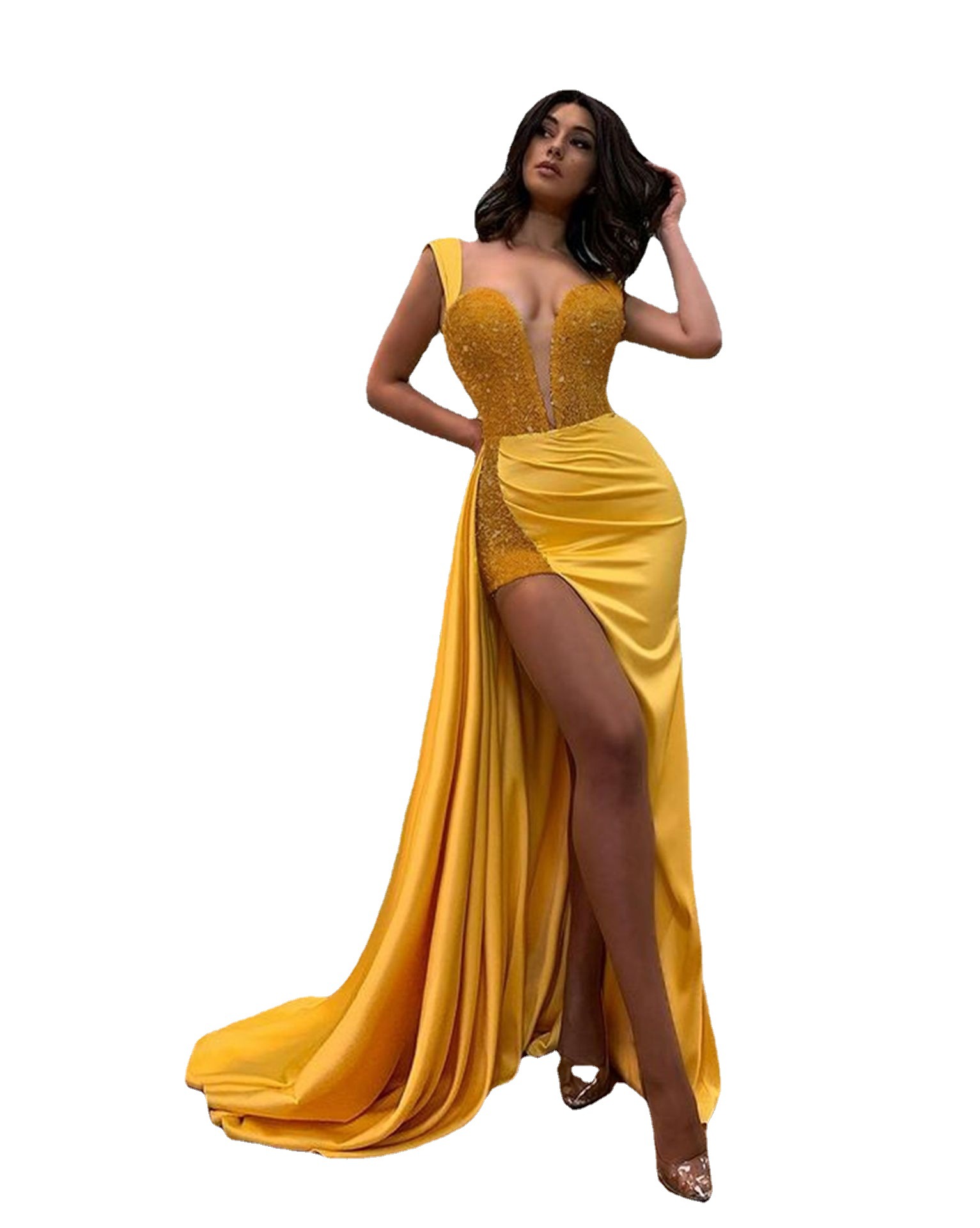 Yellow Split Birthday Dress For Women Vestidos Fiesta Party Dresses Ladies Vestido Damas De Honor Sexy Maxi Bodycon Prom Dress