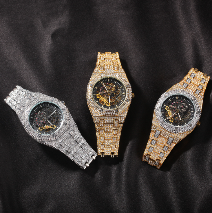 Hip Hop Jewelry Full Diamond Hollow Through Bottom Mechanical Watch Personality New Men's Watch
