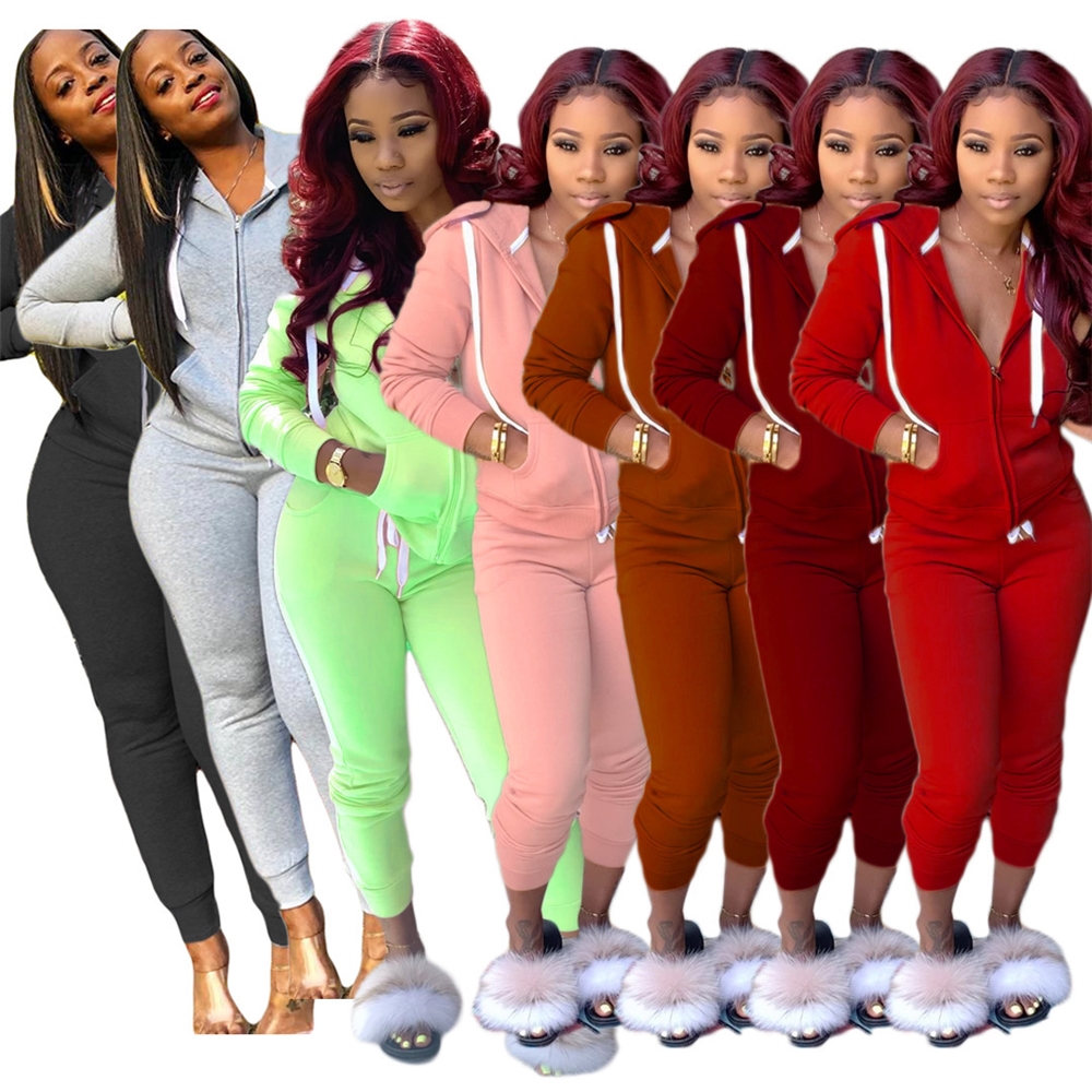Solid Color Zipper Long Sleeve Hooded Women Sweatsuit Set Jogging Open Waisted Sweatpants Casual Sportswear Two-Piece Set