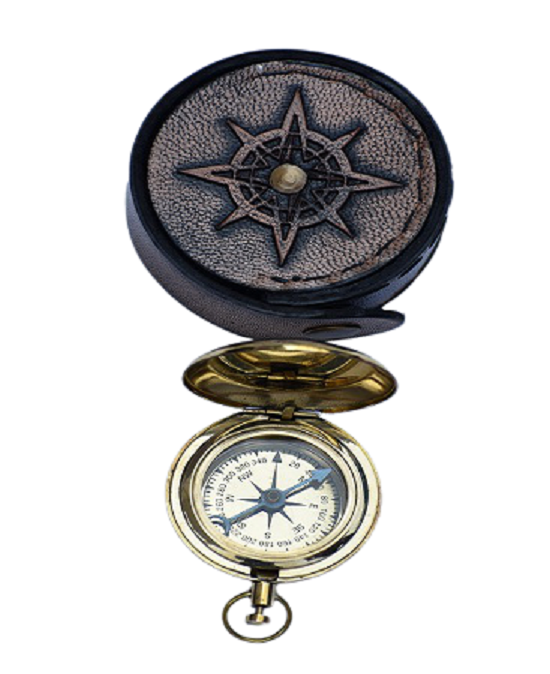 Vintage Style Brass Pocket Compass Push button Flat Compass w/Lid - Gray -Leather Box Brass Polished Gift Item