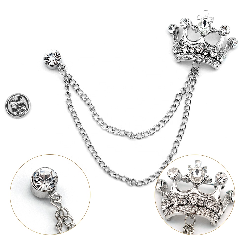Fashion Jewelry Suits Accessories Brooch sliver gold plated Vintage Crystal Crown Chain Brooch Pin For Men