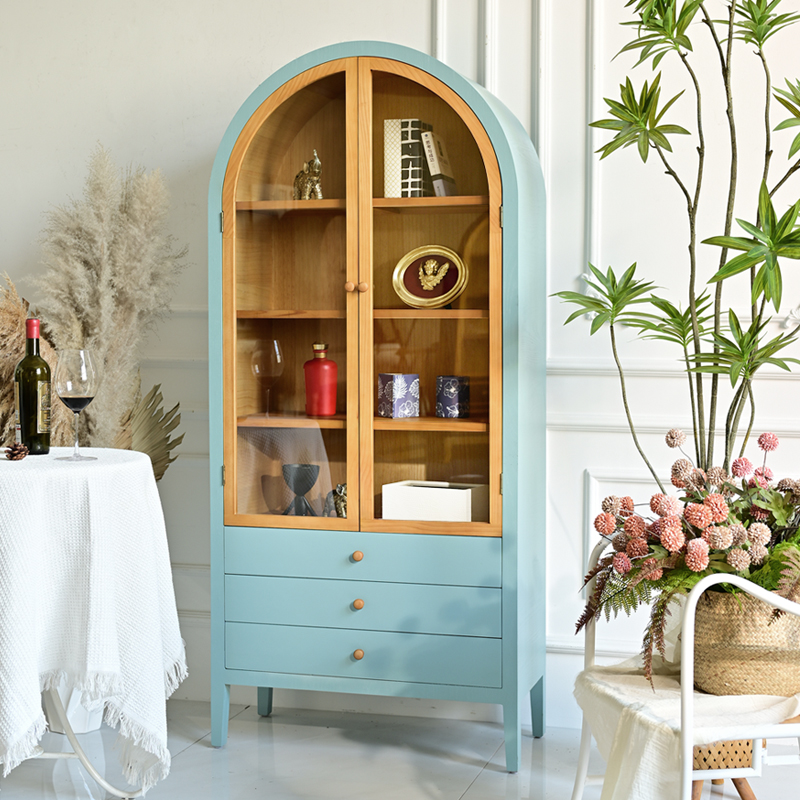 INNOVA Home living room kitchen sideboard modern arch design blue or black wooden storage drawer cabinet with glass door