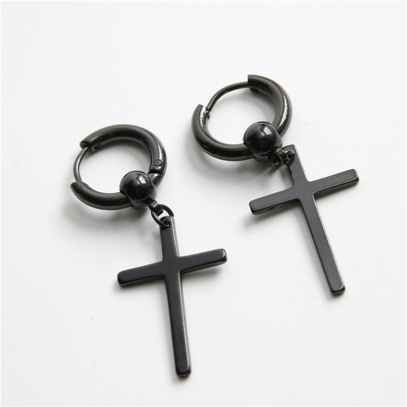 1PC Punk Style Round Beads Cross Earrings Trend Titanium Steel Jewelry For Cool Women Girl Friendship Gifts Trendy Men's Hiphop