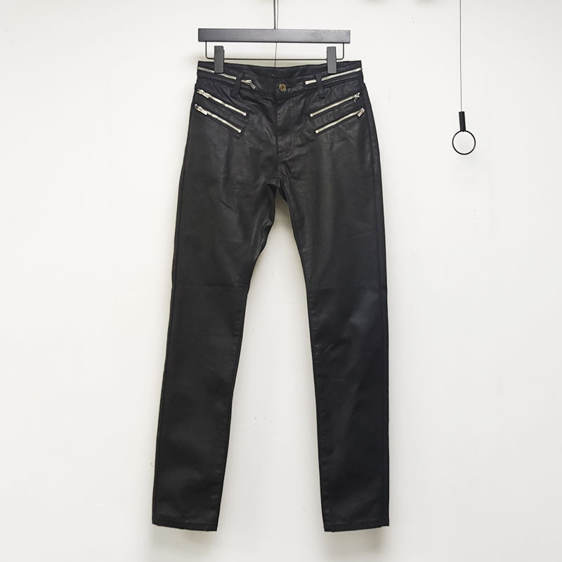 Men black waxed denim jeans shiny brushed denim jeans street style men stacked jeans with zipper