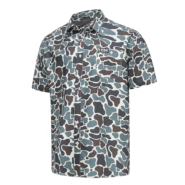 Custom Camo back yoke venting-allow airflow breathability Light weight Casual Short Sleeve button up outdoor hunting shirts