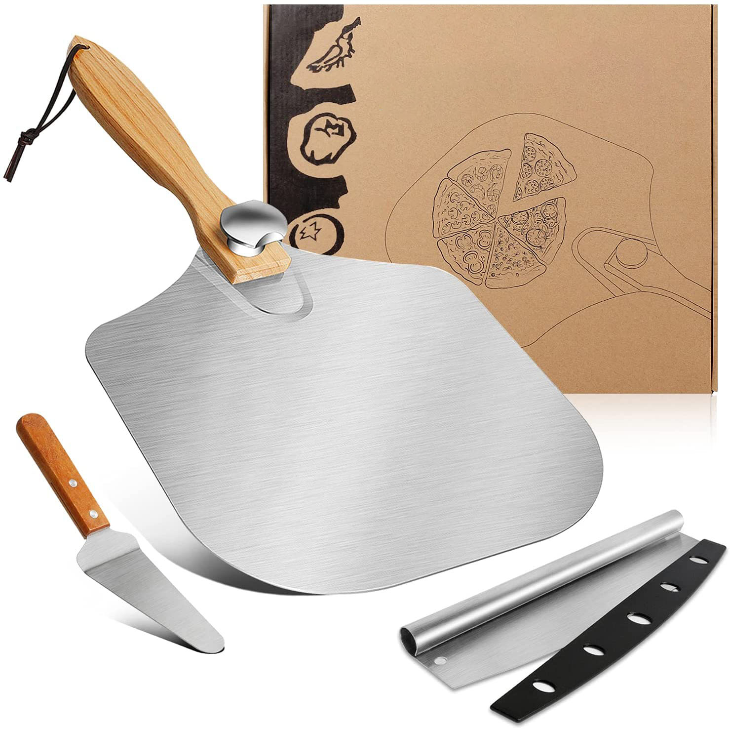 Amazon Hot Selling Foldable Bamboo Wooden Handle Turning Pizza Oven Stone Pizza Cutter Pizza Peel Aluminum Set