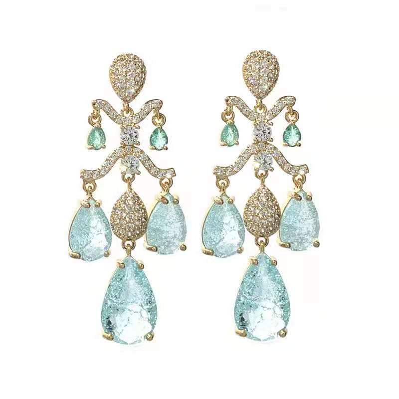 Luxury Wedding Prom Jewelry Teardrop Diamond Earrings Top Quality Royal Long Waterdrop Zircon Chandelier Earrings