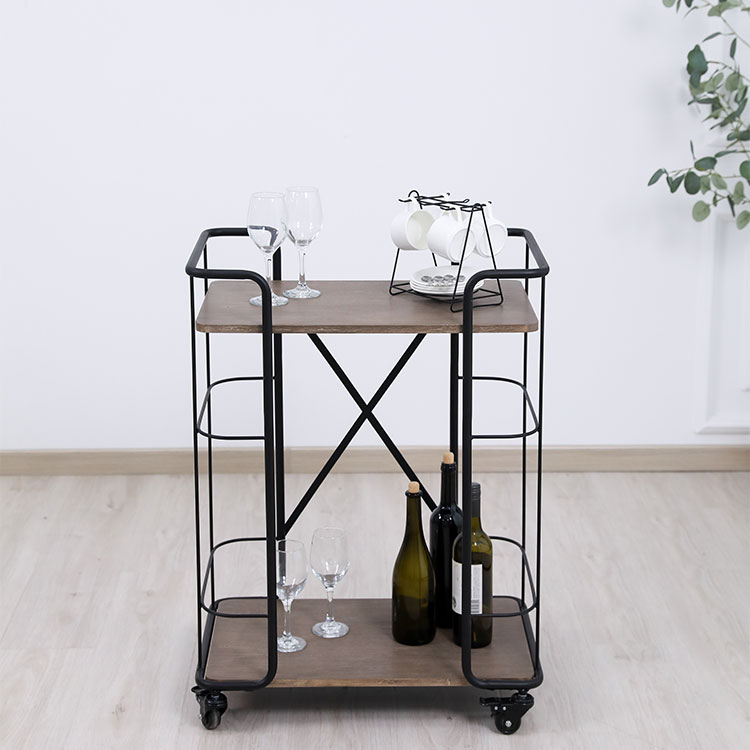 Industrial Style Metal Bar Cart Trolley Serving Vintage Two Tiers Wooden Top Wine Rack Bar Cart