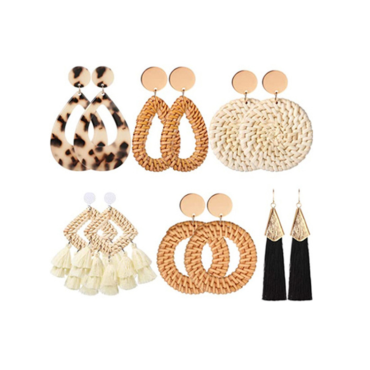 2021 Fashion Handmade Tassel Woven Bohemian Straw Wicker Braid Hoop Drop Dangle Earrings Geometric Lightweight Rattan Earrings