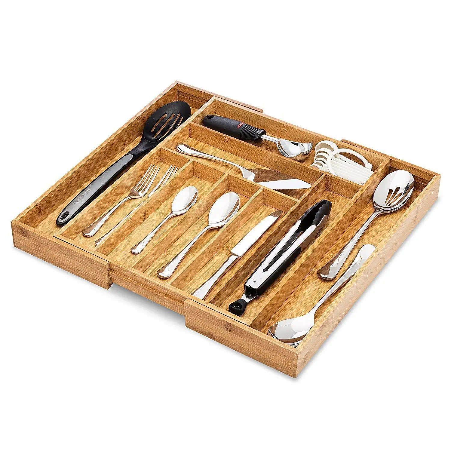 Amazon Supplier Adjustable Cutlery Custom Wholesale Bamboo Kitchen Cuttlery Tray Drawer Organizer