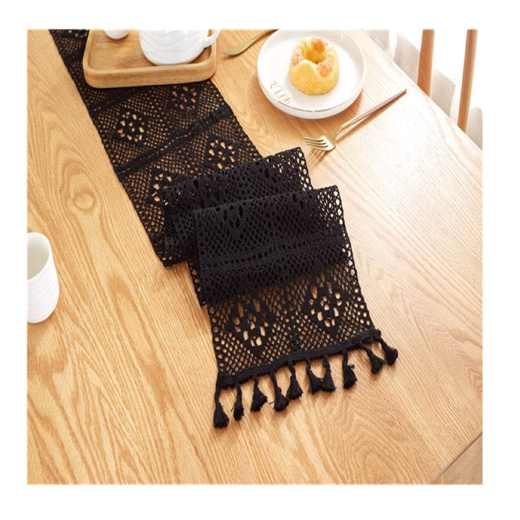 T005 Black Crochet Lace with Tassel Polyester Table Runner, Wedding Decor Hollow Tablecloth Nordic Romance Coffee Table Runners/