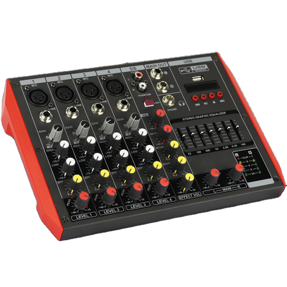 Pro MG6 6 Microphone Input Channel Professional Sound Audio Stage Home Studio Live Mixng Wireless EQ USB 48V Console Mixer